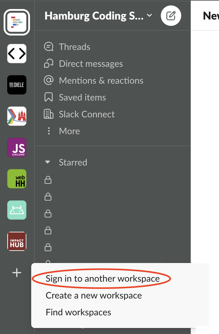 screenshot: how to sign in to another workspace in the app version