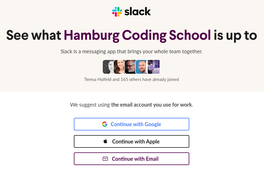 Screenshot: anmelden bei Slack